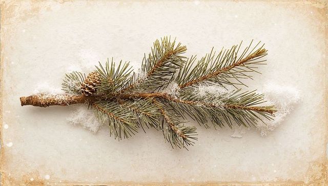 Frosted pine branch with pine cone on vintage parchment, minimalist winter still life