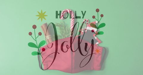 Festive Holly Jolly Christmas Decorations on Green Background