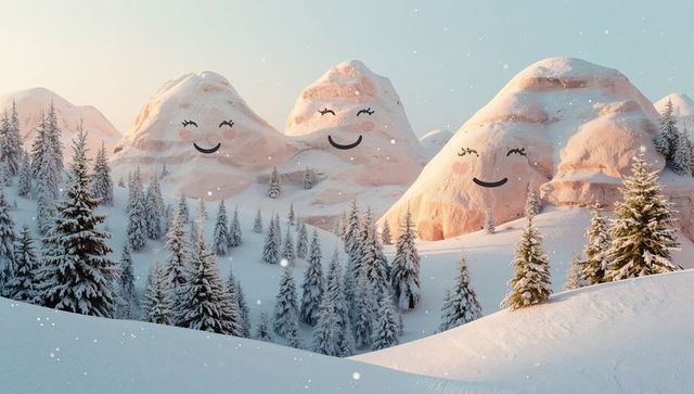 Smiling sandstone mountains glowing at sunrise over snowy conifer forest and valley