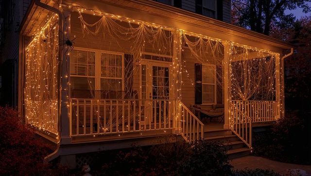Festive autumn porch with string lights and spider web decorations