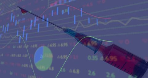Syringe Overlaid with Financial Charts Illustrating Vaccine Data Concept