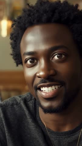 Vertical video man smiling at cafe table with warm inviting gaze and cozy atmosphere