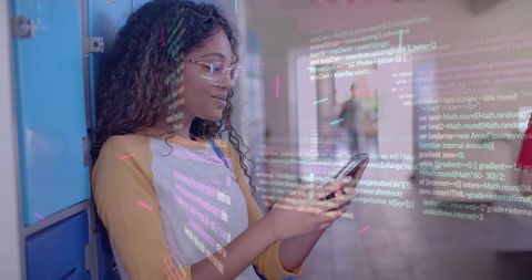 Teen leaning on lockers checking smartphone with holographic code overlay tech education