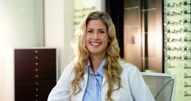 Smiling Optometrist Woman in Optical Shop with Glasses Display - Download Free Stock Images Pikwizard.com