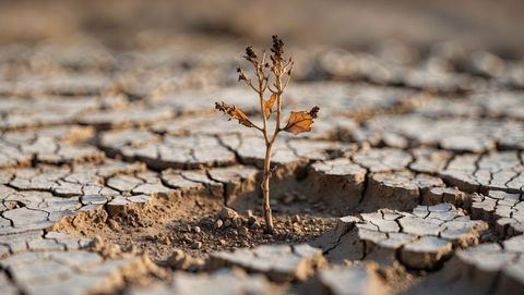 Alone sapling on cracked desert terrain amidst drought