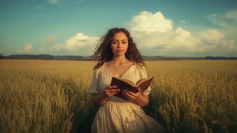 Reading in Golden Wheat Field at Sunset, Wind Turning Pages, Rustic Summer Mood