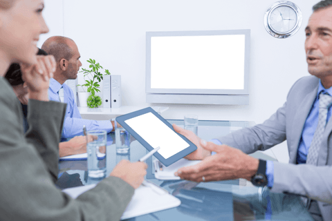 Transparent Office Meeting with Digital Tablet Discussion