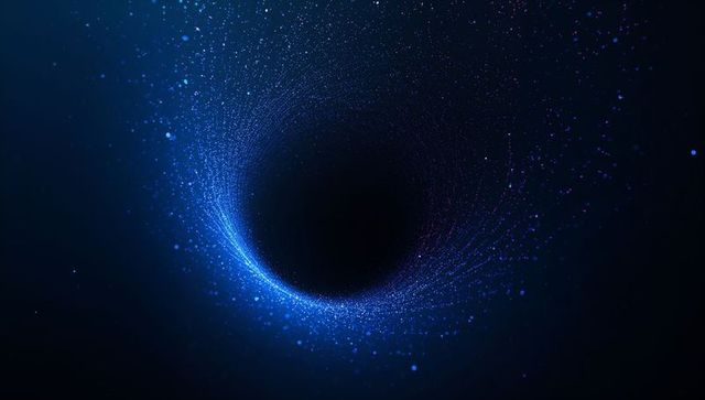 Glowing blue particle vortex forming crescent around dark central void, tech background