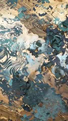 Vertical video revealing teal gold impasto ridged abstract painting on gallery wall