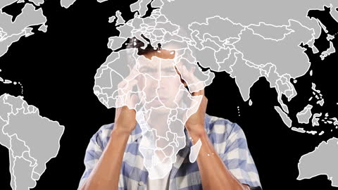Global Perspective: Map Overlaying Thoughtful Man