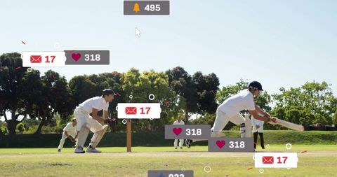 Cricketer Swinging Bat as Social Media Updates Overlay