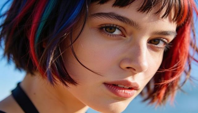 Sunlit colorful bob portrait of teen girl with red and blue hair near ocean