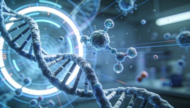 Twisting dna helix displaying viral particles and holographic interface in futuristic lab