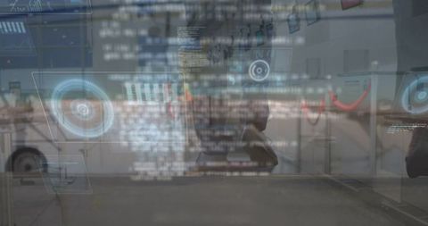 caucasian businesswoman in airport with digital data visualization - Download Free Stock Images Pikwizard.com