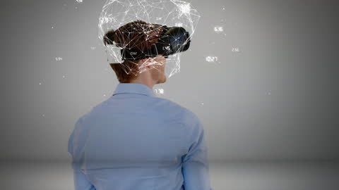 Man Wearing VR Headset Experiencing Virtual Network Globe