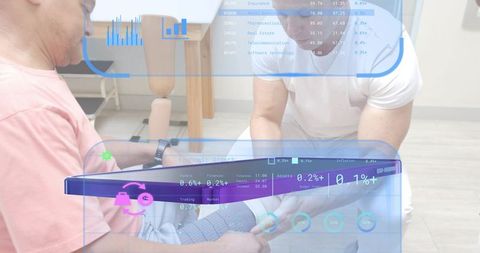 Clinician fitting prosthetic sleeve on patient at rehabilitation clinic with hud data overlay
