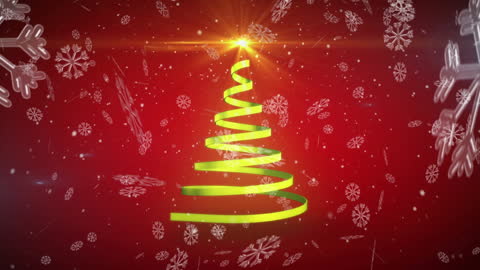 Festive Christmas Tree With Falling Snow on Red Background