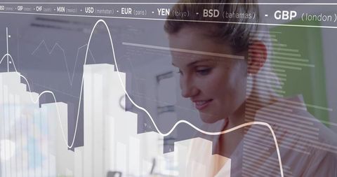 Businesswoman Analyzing Financial Data with Global Currencies