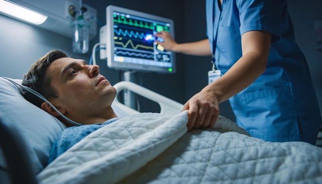 Nurse monitoring critical patient bedside, adjusting ecg monitor and managing oxygen therapy