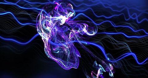 Glowing neon entity in dynamic digital space