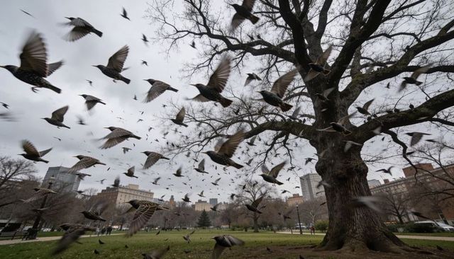 Flock of starlings swirling over urban park with bare oak tree