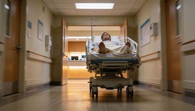 Patient lying on stretcher being transported down hospital corridor to nurses station