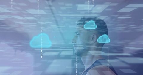 Man Analyzing Virtual Cloud Data with Holographic Interface