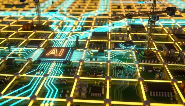 Futuristic ai microchip assembly with crane placing neon circuit module, glowing traces