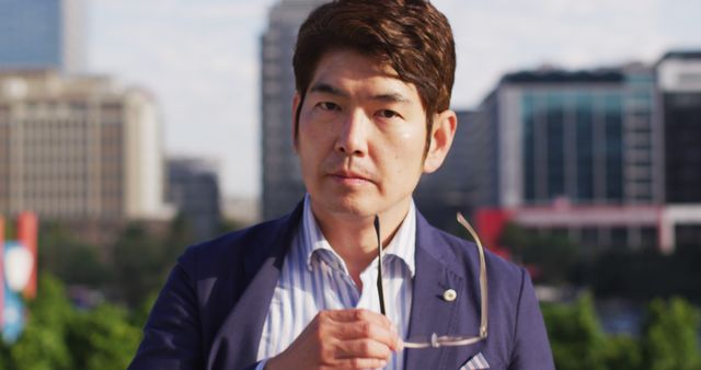 Portrait of asian man removing his glasses while standing at corporate park. business and lifestyle concept