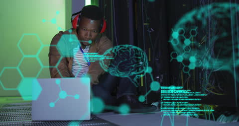 Innovative AI Researcher Analyzing Data in Server Room Environment