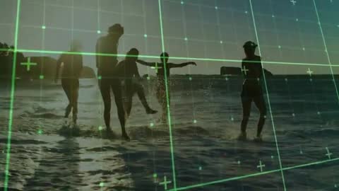 Silhouetted Beachgoers with Futuristic Grid Overlay