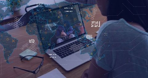 Global remote team video conferencing on laptop with world map overlay and interface