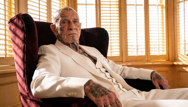 Reclining elder tattooed gentleman wearing white suit bathed in sunlit shutter light
