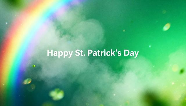 Happy st. Patrick's day rainbow card with green bokeh, clover lights and glow