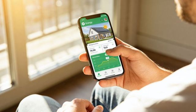 Man checking home solar energy app dashboard on smartphone near sunlit window blinds