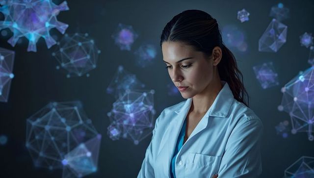 Clinical Researcher Studying Molecular Holograms and Viral Models with Digital Visuals