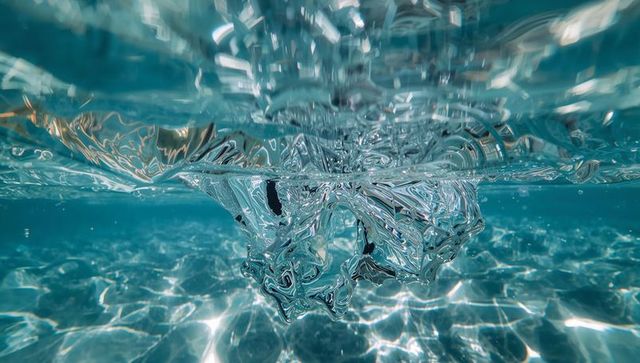 Twisting air pocket forming under turquoise water with crystal light caustics and ripples