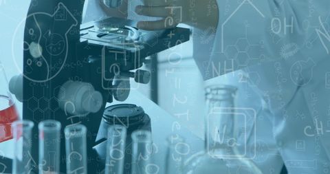 Female Scientist Conducting Microscope Research with Scientific Formulas Overlay - Download Free Stock Images Pikwizard.com