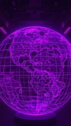 Rotating Neon Holographic Globe Projected in Futuristic Tech Chamber