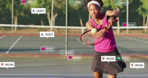 Dynamic tennis player surrounded by social media engagement icons