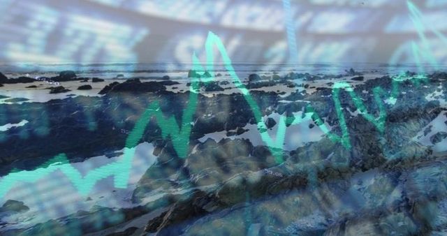 Abstract merge of coastal landscape and financial data visualization