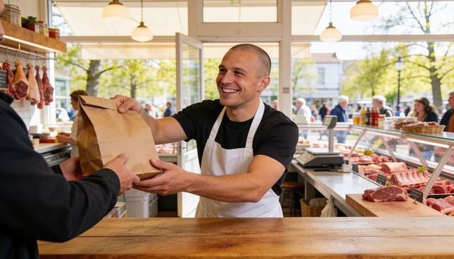 Smiling butcher handing paper bag at outdoor market fresh meat counter