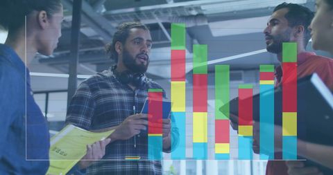 Diverse Team Collaborating with Virtual Financial Data Overlay