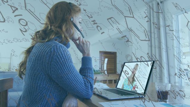 This video depicts a woman using a laptop for a video call, with an overlay of chemical structures and equations suggesting a science or technology context. Useful for illustrating concepts in remote education, scientific research, online meetings, and work-from-home situations.