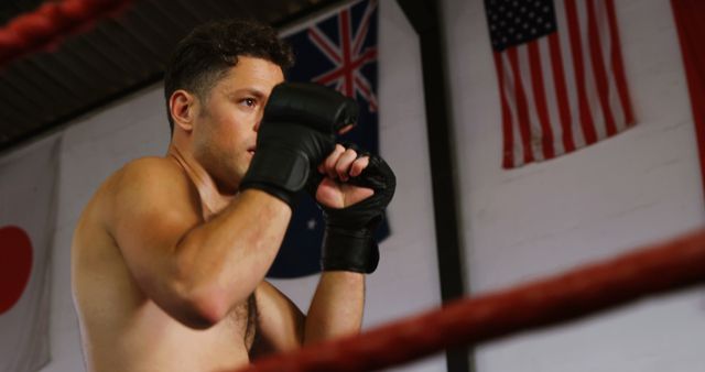 Focused Boxer Training in Gym with National Flags in Background - Download Free Stock Images Pikwizard.com