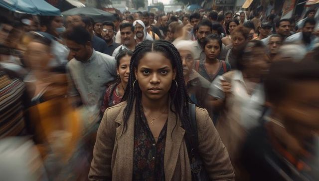 Walking woman with braids threading crowded street market, motion blur urban focus