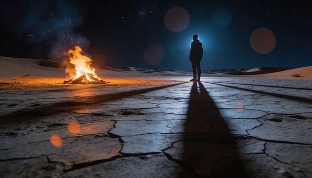 Lone silhouette standing on cracked desert playa at night casting long shadow by campfire