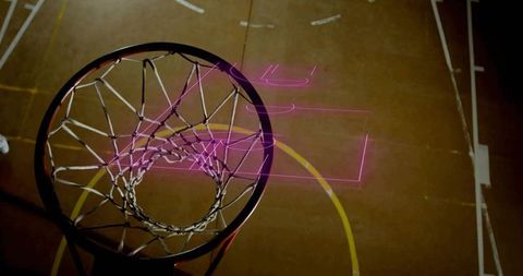 Overhead basketball hoop hanging over gym court with neon glow and geometric lines