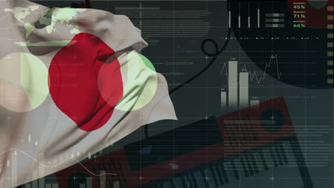 Japanese Flag Waving with Financial Graphs and Data Overlay