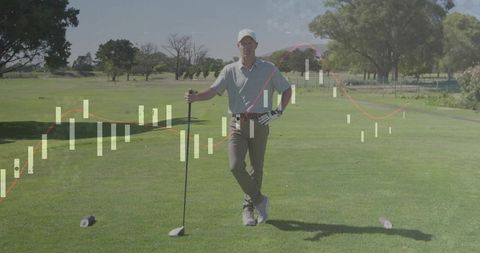 Mature Golfer Leaning on Driver at Tee with Finance Chart Overlay for Marketing Campaign